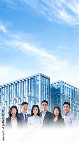 Business Team Standing in Front of Modern Office Building Banner Design