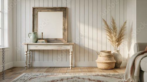 Empty framed canvas above a painted console table in a room