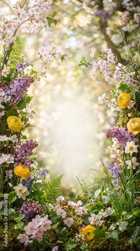 A whimsical floral frame crafted from a vibrant assortment of spring blossoms, lush greenery, and delicate ferns evokes a magical, enchanted garden setting, bathed in soft, ethereal light.