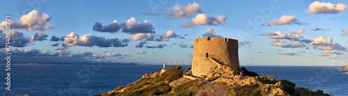 SANTA TERESA GALLURA: Scenic panoramic view of the 16th-century Torre di Longonsardo on a rocky promontory