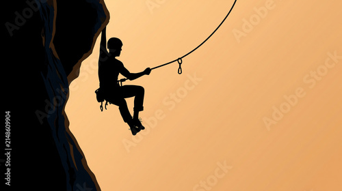 Vector illustration of a male rock climber wearing a helmet and harness scaling a dark cliff with rope and carabiner, isolated on a transparent background, with copy space