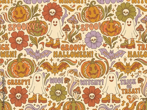 IA generated hand-drawn seamless pattern featuring Halloween elements including jack-o'-lantern pumpkins, cute purple ghosts, black bats, and retro flowers across a warm beige background.