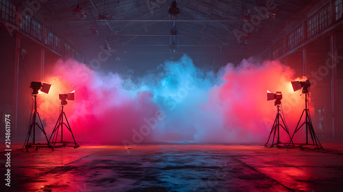 Bright studio lights with red and blue smoke in a dark warehouse