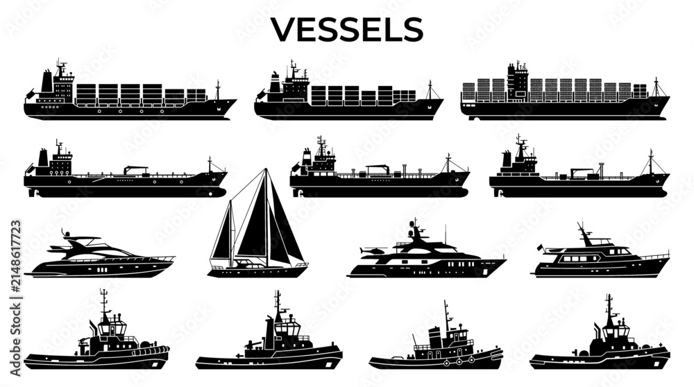 Fototapeta premium Collection of maritime vessel silhouettes including cargo ships, tankers, yachts, and tugboats isolated on white background.