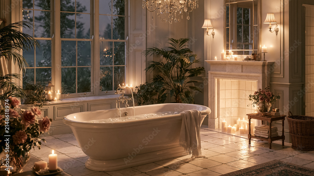 Fototapeta premium Elegant bathroom interior featuring a classic clawfoot tub brimming with water, surrounded by numerous candles for a tranquil and wellness experience