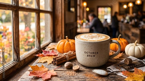 Cozy autumn coffee mug with latte art surrounded by small pumpkins and fall leaves on a rustic wooden table