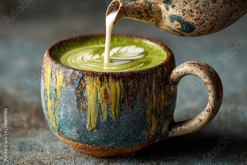 Milk pouring into matcha latte cup