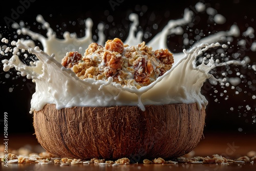 Milk splash caught midair over granola bowl