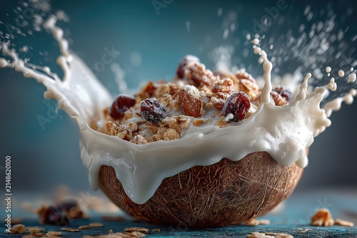 Milk splash caught midair over granola bowl