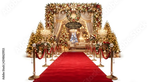 Luxury Christmas Celebration Entrance with Red Carpet, Grand Arch, and Golden Lights