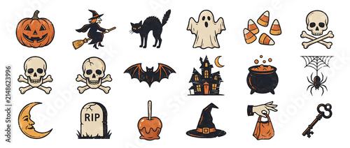 Vintage Halloween Grunge Icon Set with Pumpkin, Witch, Ghost and Haunted House Isolated on Transparent