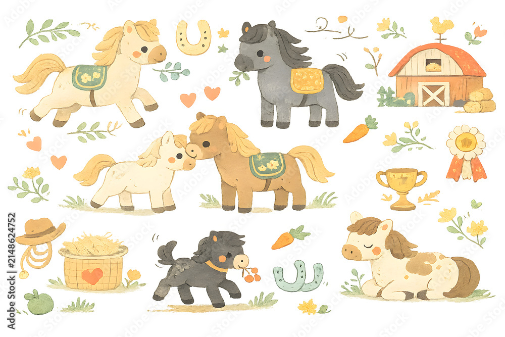 Fototapeta premium Watercolor Pony Collection with Farm and Equestrian Elements