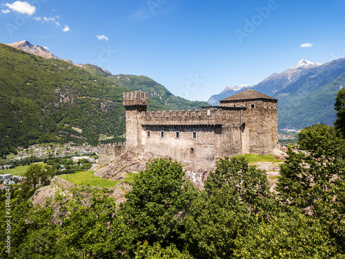 Obraz na plátne Drone image of the medieval castle Castello Sasso Corbaro in the capital city of Canton Ticino, Bellinzona, Switzerland