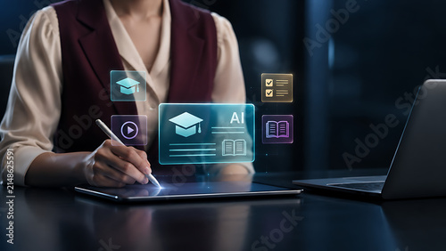 Businesswoman writing on tablet beside laptop with ai education dashboard online course icons digital books assessments and interactive modern learning technology concept