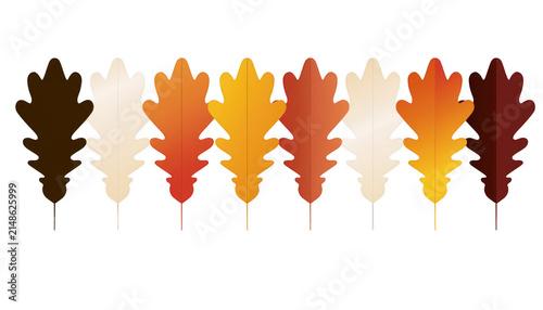 Set of Eight Stylized Colorful Autumn Oak Leaves in a Row