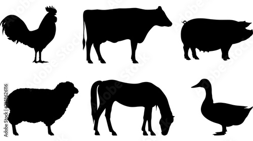 Six farm animal silhouettes in solid black design