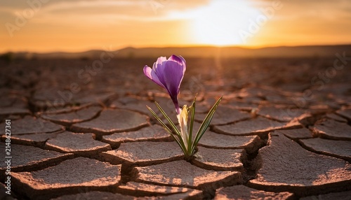 Single Purple Flower Growing From Dry Cracked Earth At Sunrise