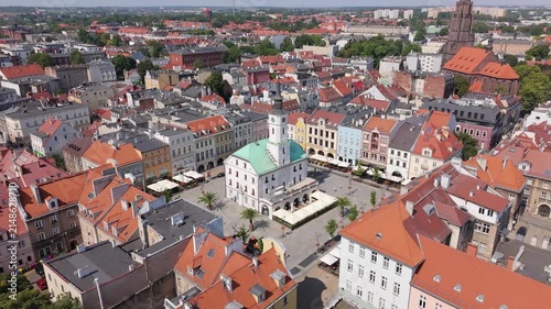 Drone landscape shot of historic Market Square and Town Hall in Gliwice, Silesia, Poland