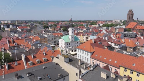 Drone landscape shot of historic Market Square and Town Hall in Gliwice, Silesia, Poland