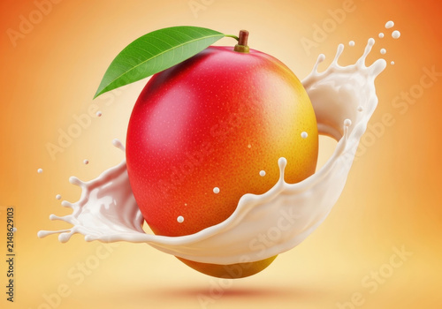 Fresh whole mango fruit suspended in air splashing into creamy white yogurt milk liquid swirl against soft golden orange background studio shot.