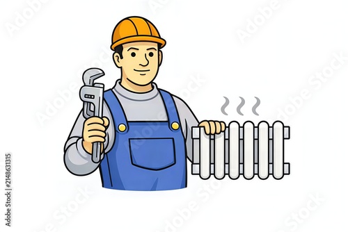 Worker holds a wrench and radiator in a maintenance setting