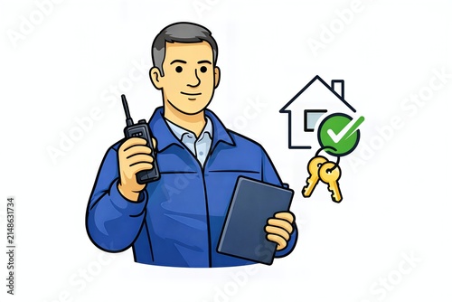 Real estate agent holding keys and talking on a walkie-talkie in a home