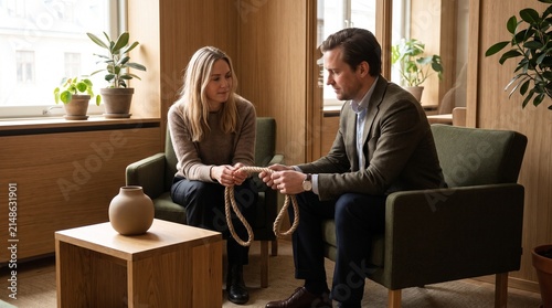 Colleagues loosen a rope loop during a flexible work discussion
