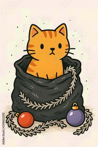 Cat sitting in a bag with Christmas decorations around it during winter