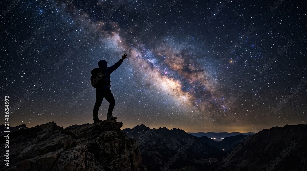 Fototapeta premium Hiker Reaches for the Stars Under the Milky Way Galaxy on Mountain Peak