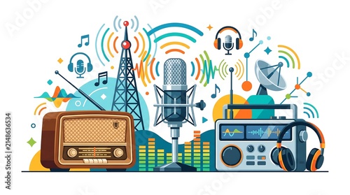 National Radio Day Vintage Radio with Colorful Geometric Shapes Vector Design