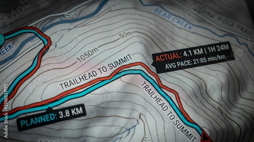 Planned route line overlaid against an actual traveled route on a tracking map
