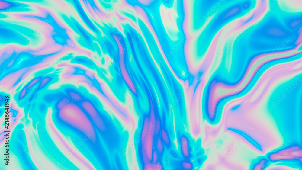 Fototapeta premium Shimmering holographic liquid wave pattern with teal pink cyan swirl texture for pale abstract background wallpaper design