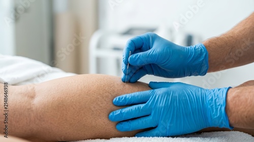 Professional physiotherapist performing dry needling treatment on a patient's leg.