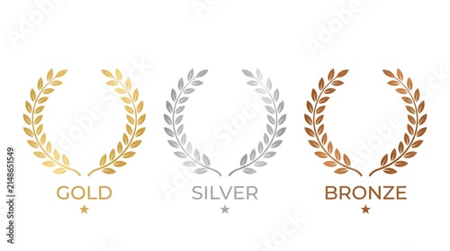 Gold silver and bronze laurel wreath icons award set with elegant victory leaves and medal labels representing achievement, champion recognition and prize celebration designs