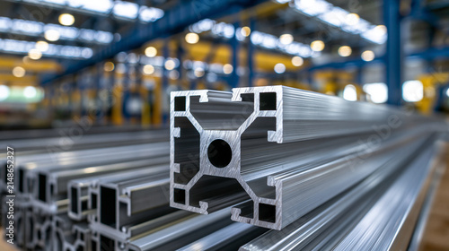Aluminum extrusion profile bars stacked in an industrial factory. Ideal for manufacturing and engineering concepts.