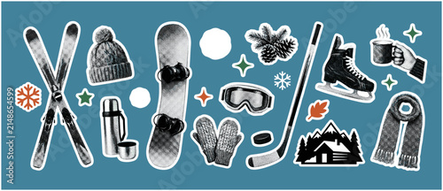 Winter Sports Sticker Set Showing Ski Illustration Snowboard Sticker and Ice Skates Icon for Alpine Journal Planner and Scrapbook Craft Design