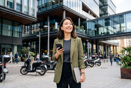 Asian businesswoman walking in city with laptop and phone