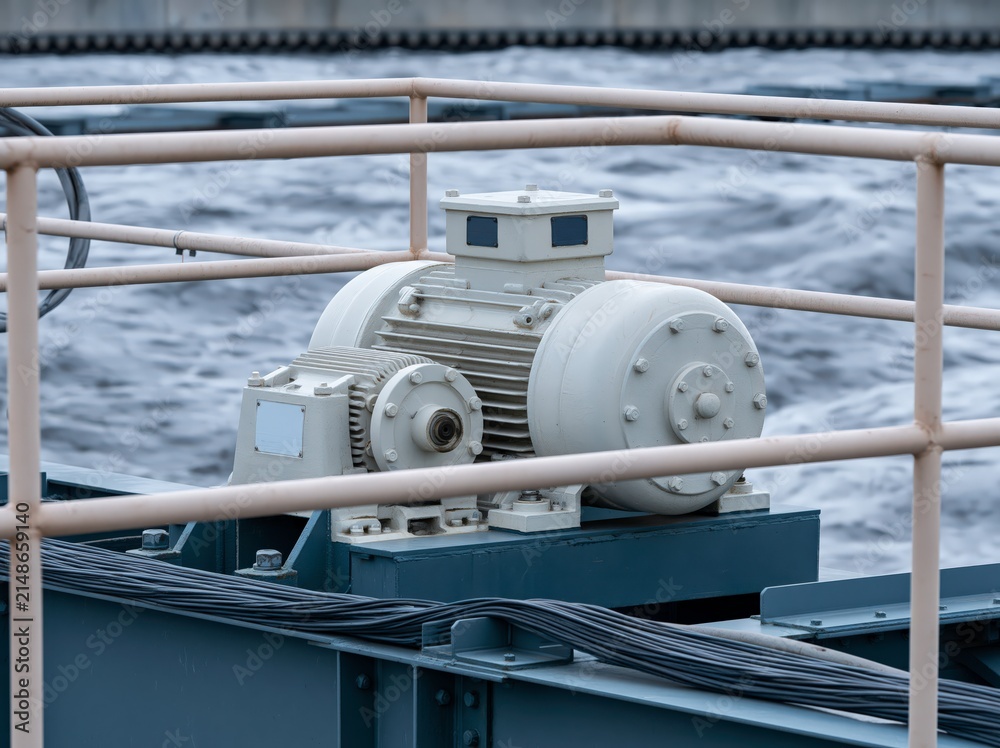 Fototapeta premium Drive motor and gearbox setup for wastewater clarifier in operational setting
