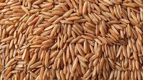 Macro top-down shot of organic brown rice grains with bran layer and germ ends in rich amber and copper tones