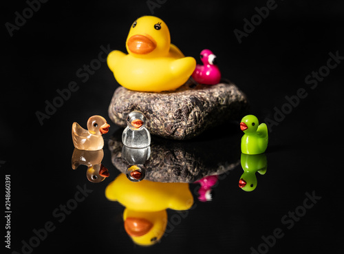 Photo of multiple diverse toy rubber duck and miniature ducks dark black mirror reflection surface.