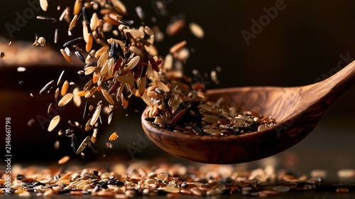 Organic brown and wild rice grains fall from a rustic carved spoon in mid-air against a dark background