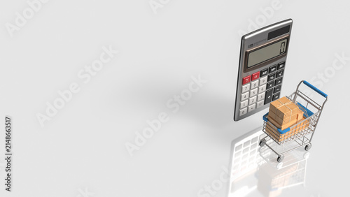 Online Shopping Budget Calculation with Cart and Packages 3d render.