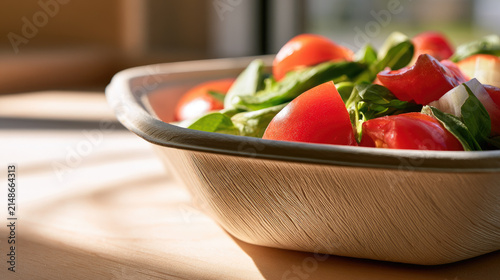 Bio degradable bagasse container salad fresh tomato green leaf lunch takeout eco friendly