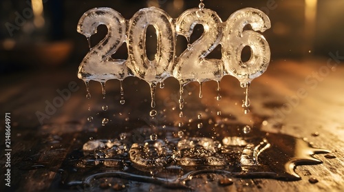 Melting 2026 Ice Sculpture Transitioning into 2027 Year