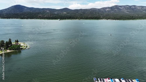 A Drone flight over Big Bear and the Marina showing the recreational areas and the lake