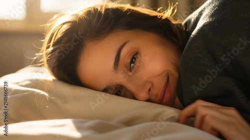 Smiling Young Woman Waking Up in Warm Morning Light with Gentle Eye Contact