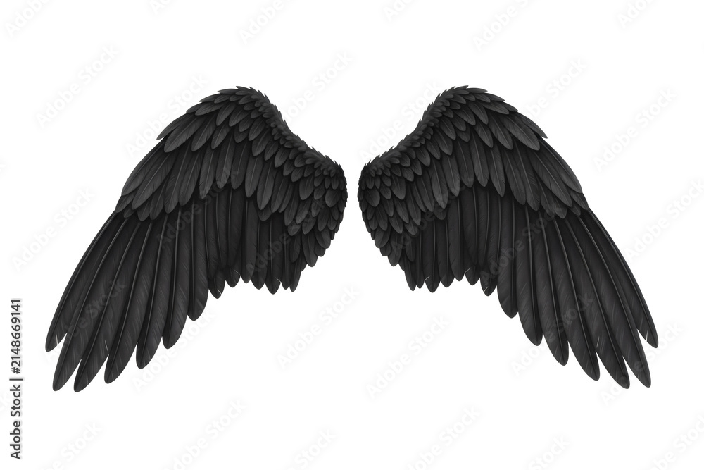 Naklejka premium Detailed illustration of a pair of large impressive demonic fallen angel wings rendered in dark shadowy black feathers
