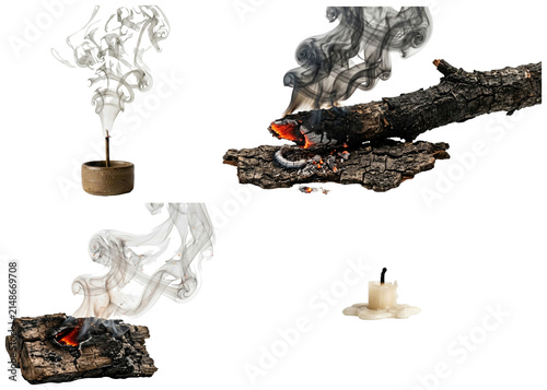 Cuadro en lienzo A collection of isolated smoke plumes from extinguished and smoldering items, including candle, twig, wood chip, and incense