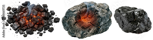 Konstfotografi A collection of glowing coal pieces with ember details, ash, and faint smoke on a white background