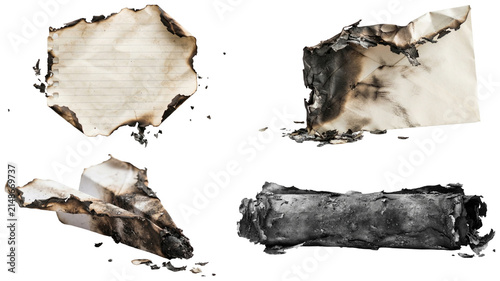 Konstfotografi A set of burned paper items including an envelope, notebook sheet, scroll, and paper airplane with ash, soot, and singe damage